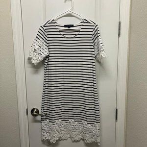 TOMMY HILFIGER Women's White/black Striped Dress. Laced sleeves and hem, Size S